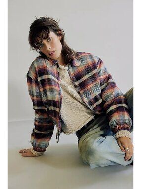 Free People Birdie Flannel Track Jacket Retro 90s Heritage Streetwear Womens XL